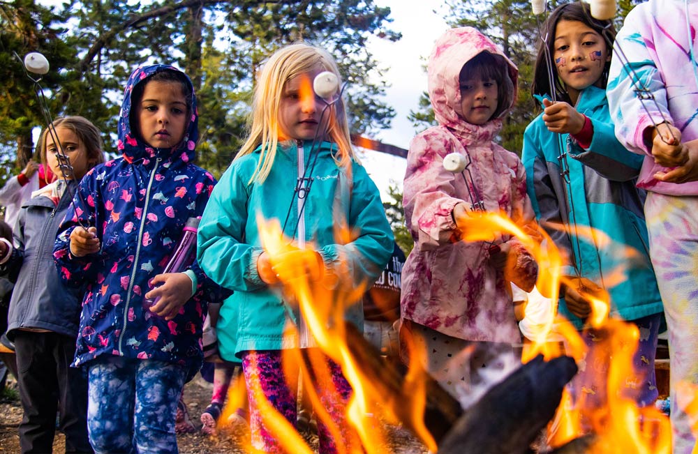 Girls roasting marshmallows over the campfire.