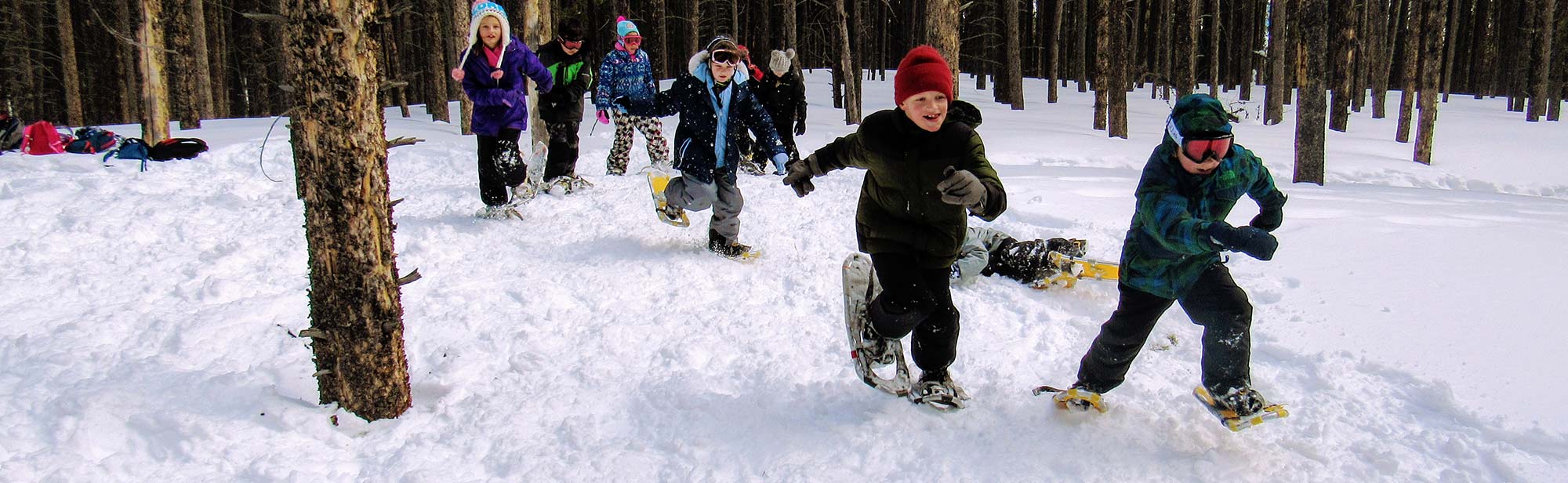 Students run through the forest in snowshoes during a field trip.