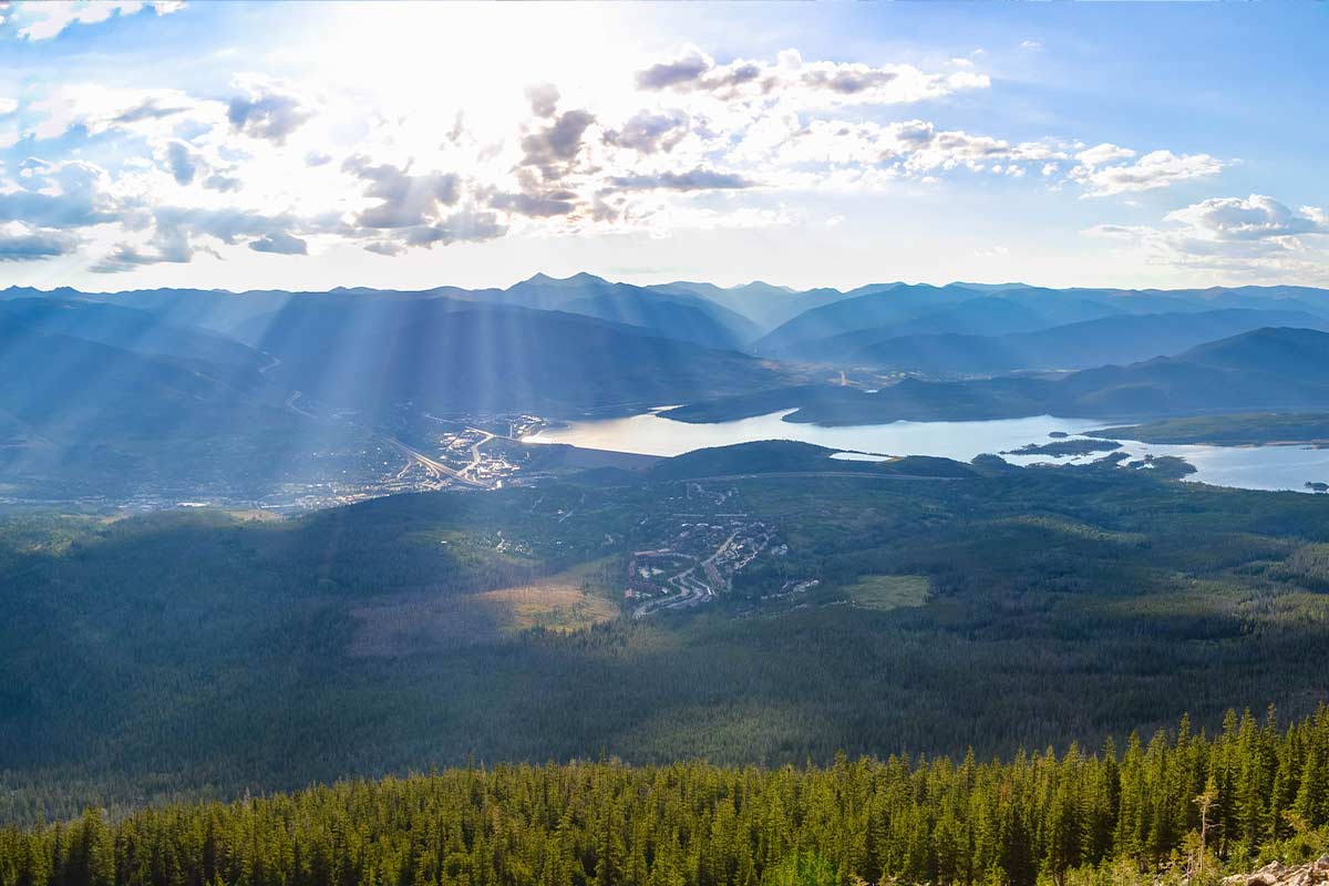 The sunrise view of Summit County and Lake Dillon from atop Buffalo Mountain