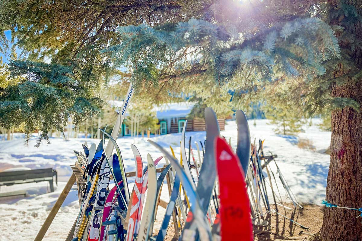 Cross country skis on the rack on KSS campus.