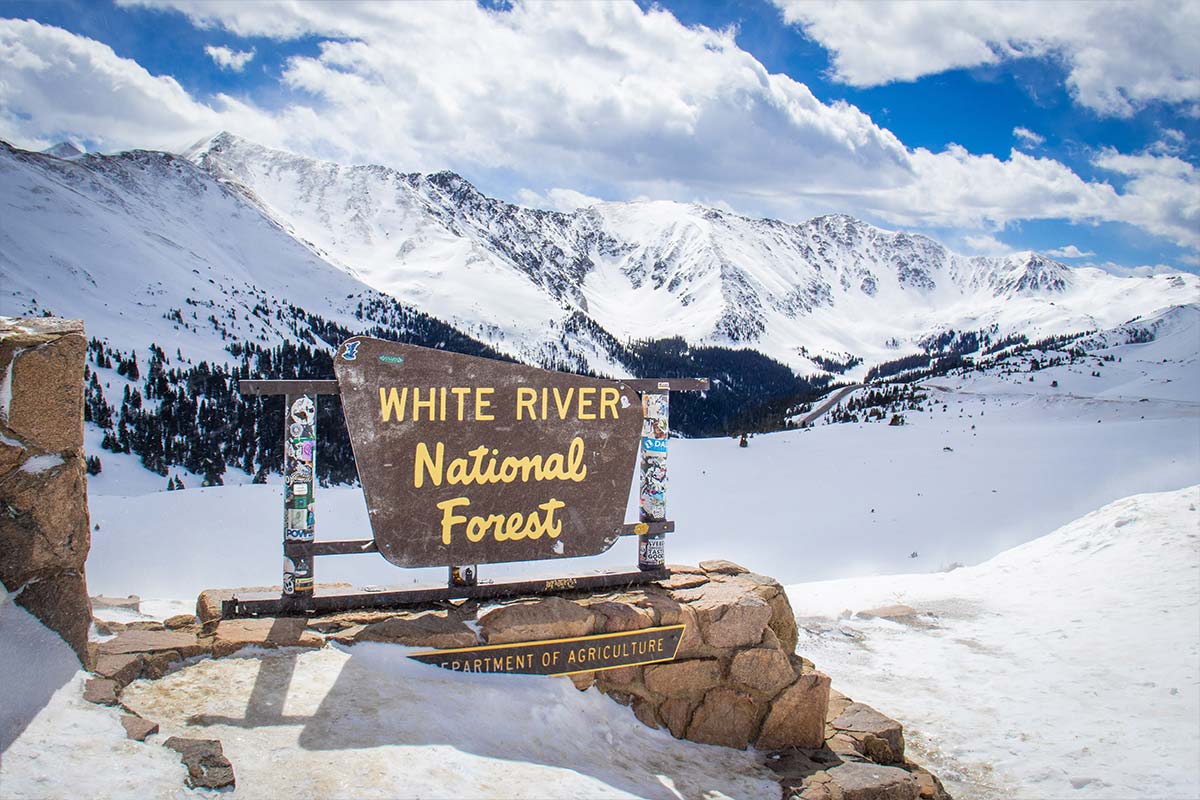 A scenic view of a White River National Forest sign in the sunshine of winter.